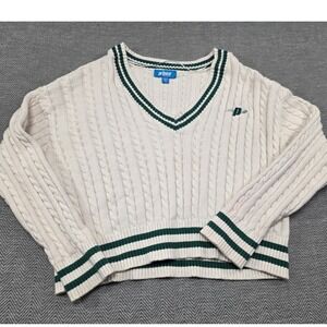 Prince Pickleball Cable Knit Sweater Cream Green Striped V-Neck Cropped XL Mens